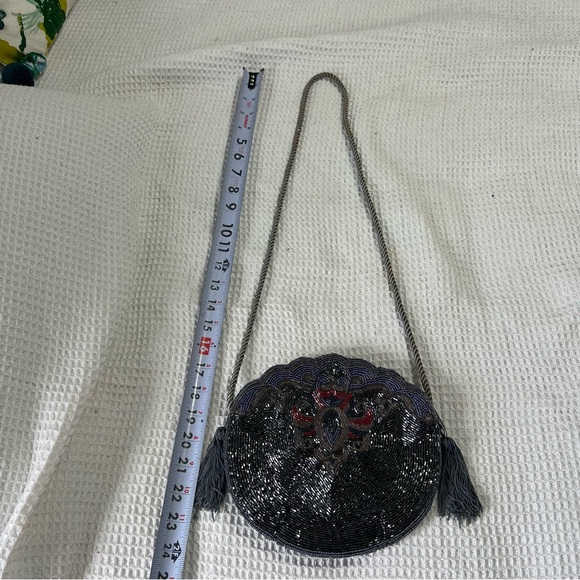 Vintage Retro Beaded Purse Bag Clutch Crossbody Shoulder bag Grey Purple Tassel - Picture 11 of 14